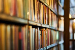 books lined up on several shelves