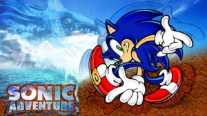 Sonic the Hedgehog posing in front of a background with blue sky/water and a rocky ground. The words "Sonic Adventure" appear at the bottom left, stylized