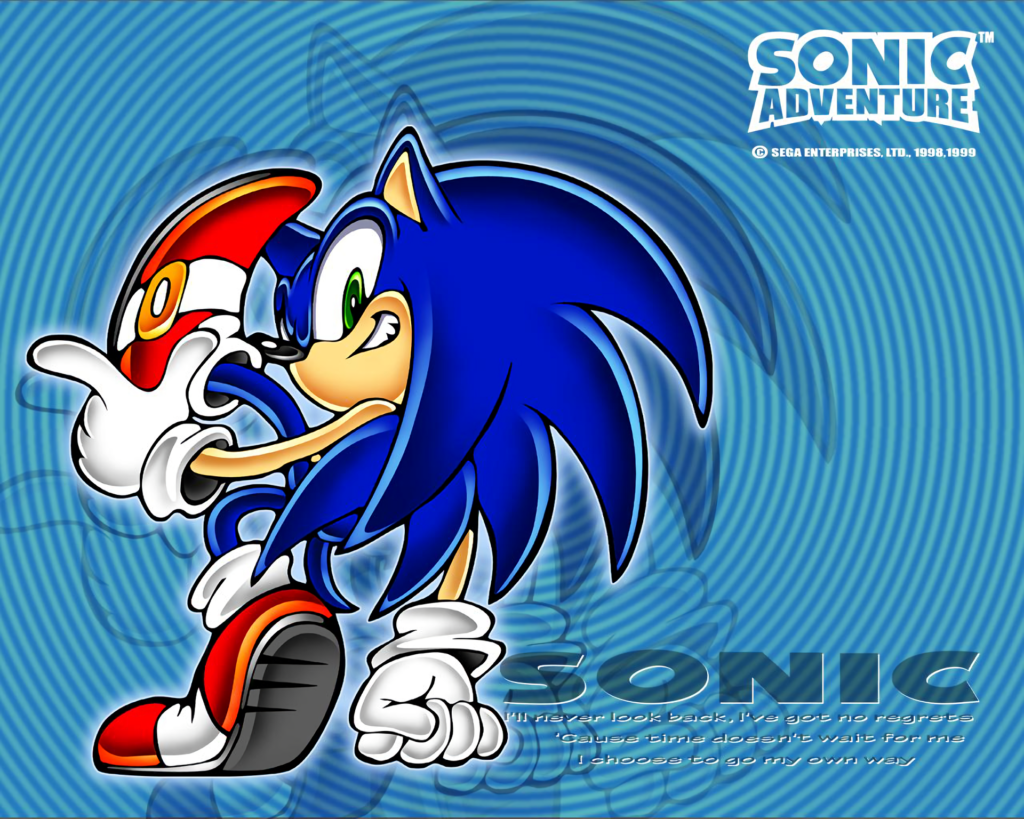 Sonic the Hedgehog posing with his left leg up and his left finger pointed to the lef tunder it; the title "Sonic Adventure" appears on the top right, stylized