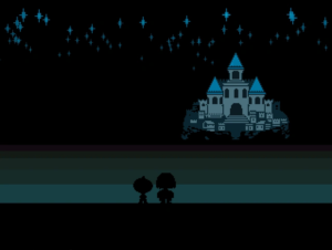 Frisk and Monster Kid in Waterfall looking at the castle